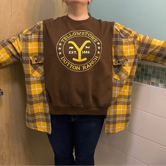 Yellowstone Dutton Ranch Pocket Flannel High Low Sweatshirt Rework - Picture 2 of 4